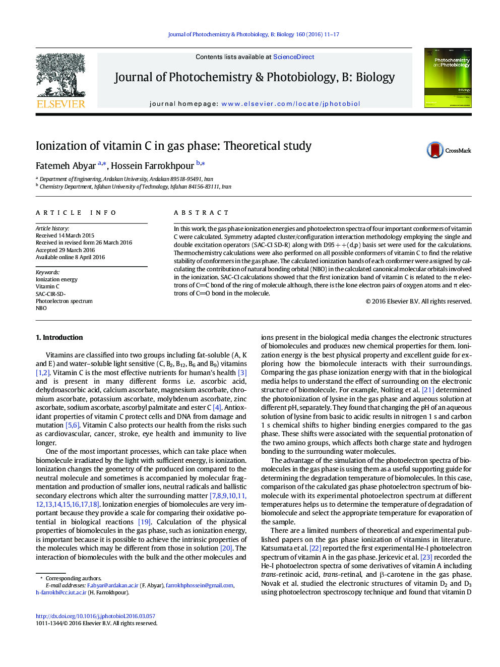 یونیزاسیون ویتامین C در فاز گازی: مطالعه نظری