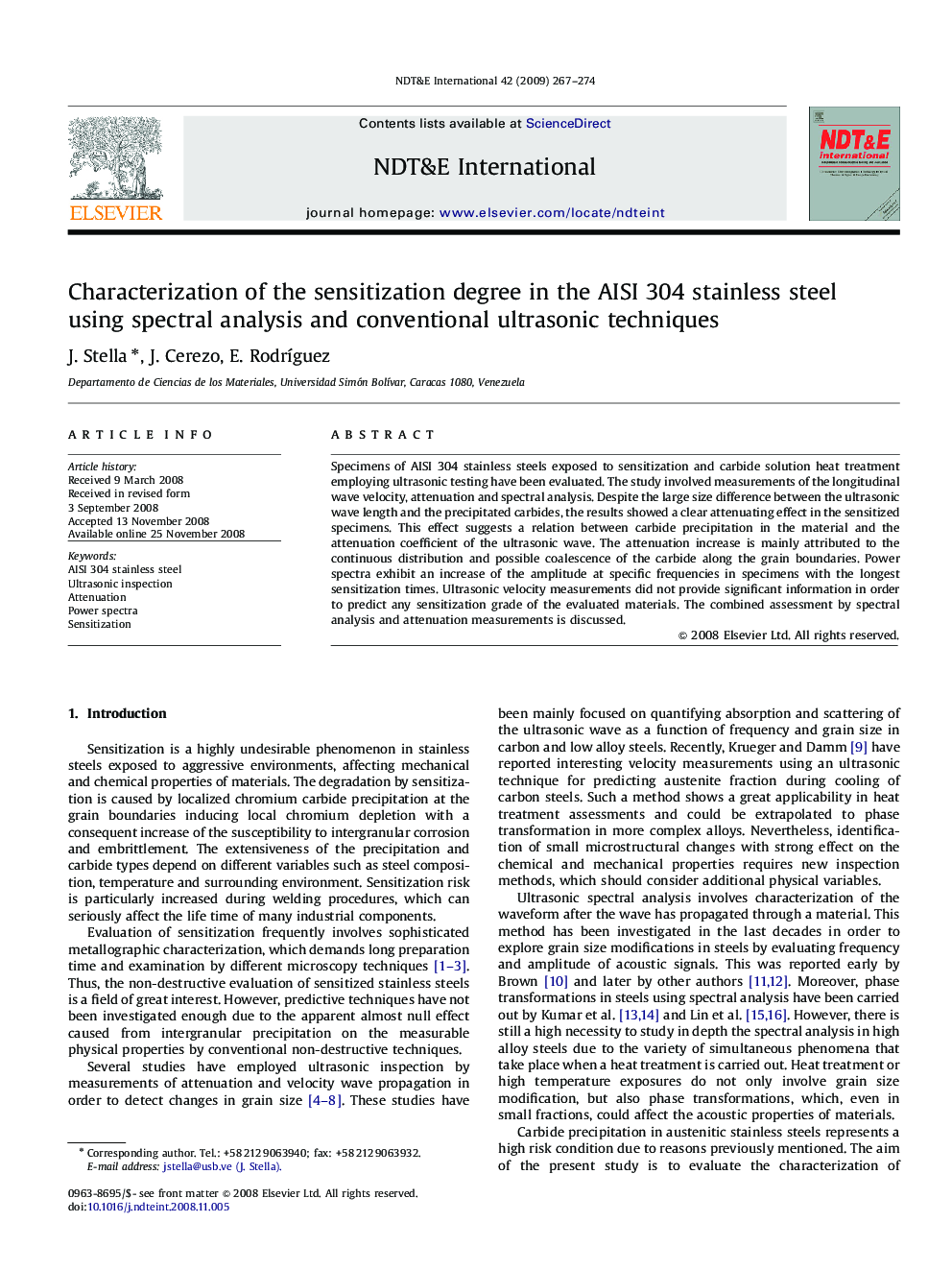 Characterization of the sensitization degree in the AISI 304 stainless steel using spectral analysis and conventional ultrasonic techniques