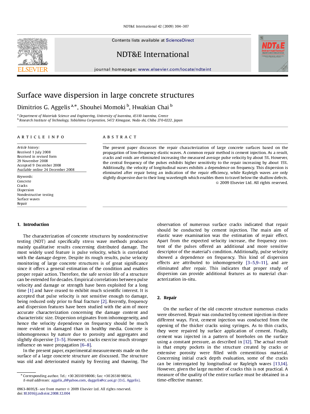 Surface wave dispersion in large concrete structures