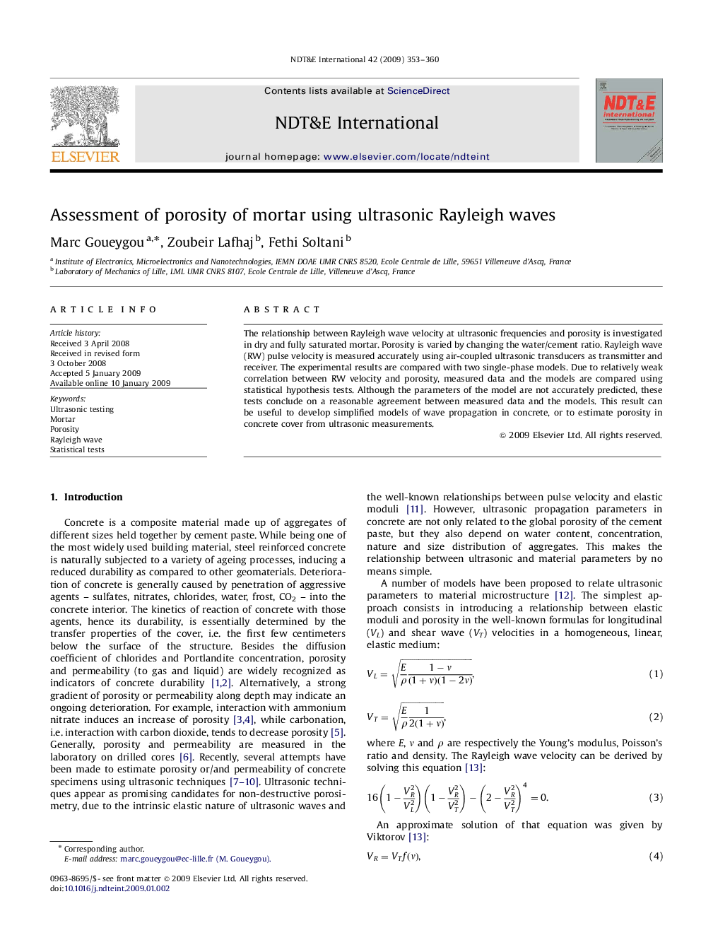 Assessment of porosity of mortar using ultrasonic Rayleigh waves