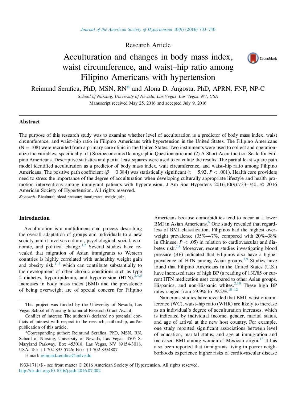 Acculturation and changes in body mass index, waist circumference, and waist–hip ratio among Filipino Americans with hypertension 