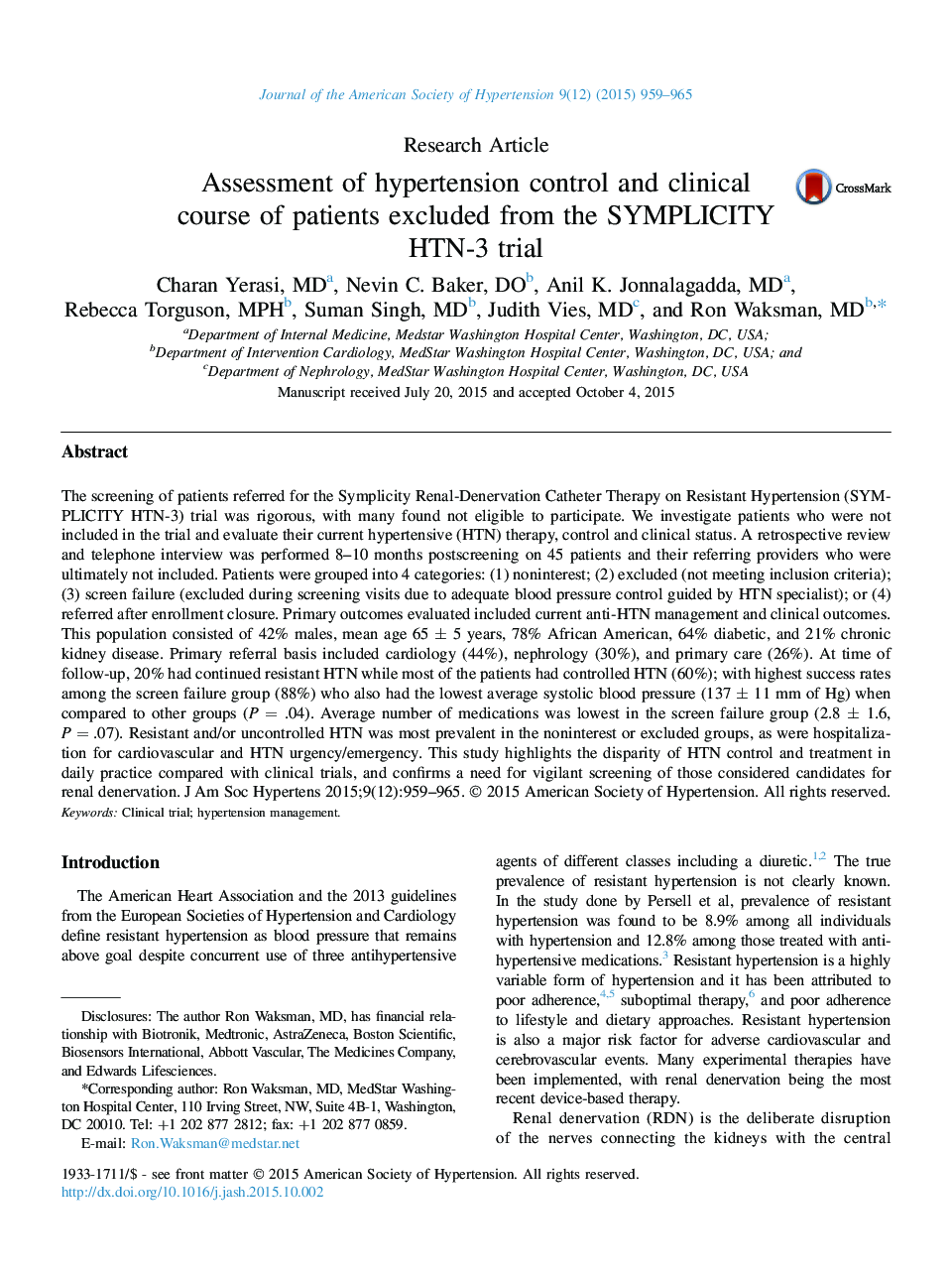 Assessment of hypertension control and clinical course of patients excluded from the SYMPLICITY HTN-3 trial 
