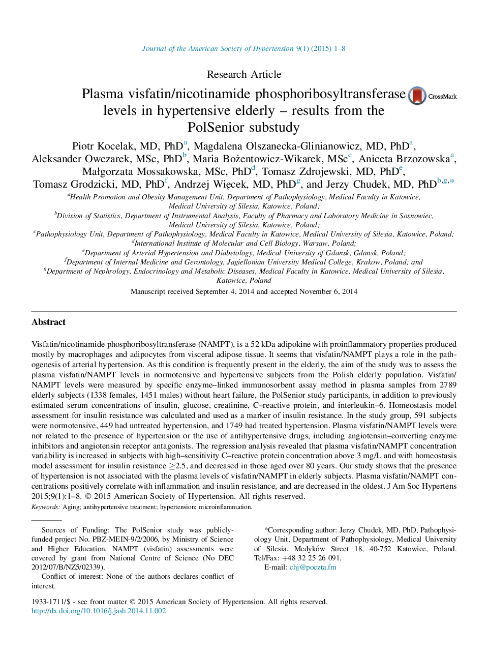 Plasma visfatin/nicotinamide phosphoribosyltransferase levels in hypertensive elderly – results from the PolSenior substudy 