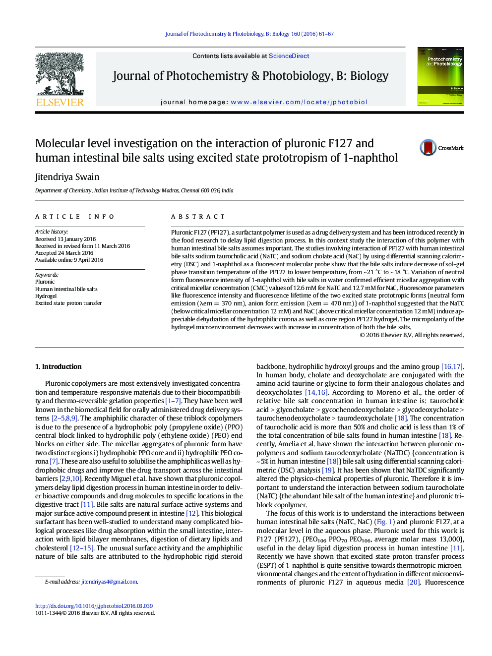 Molecular level investigation on the interaction of pluronic F127 and human intestinal bile salts using excited state prototropism of 1-naphthol