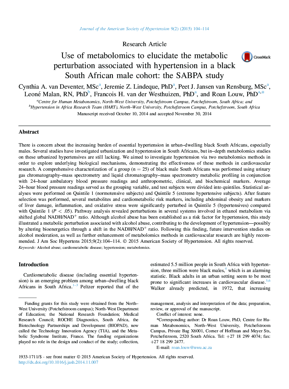 Use of metabolomics to elucidate the metabolic perturbation associated with hypertension in a black South African male cohort: the SABPA study 