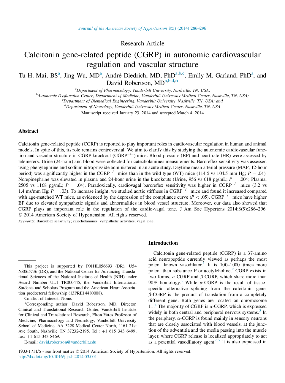 Calcitonin gene-related peptide (CGRP) in autonomic cardiovascular regulation and vascular structure 