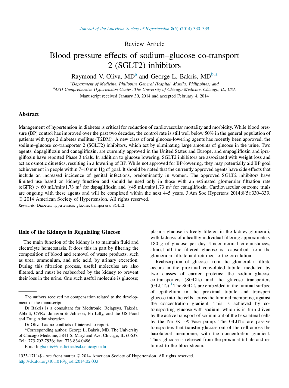 عکس صفحه اول مقاله: Blood pressure effects of sodium–glucose co-transport 2 (SGLT2) inhibitors Blood pressure effects of sodium–glucose co-transport 2 (SGLT2) inhibitors
