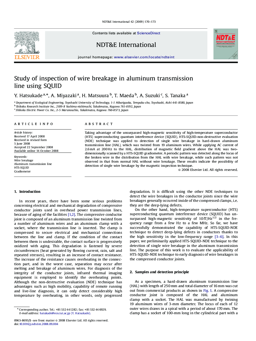 Study of inspection of wire breakage in aluminum transmission line using SQUID