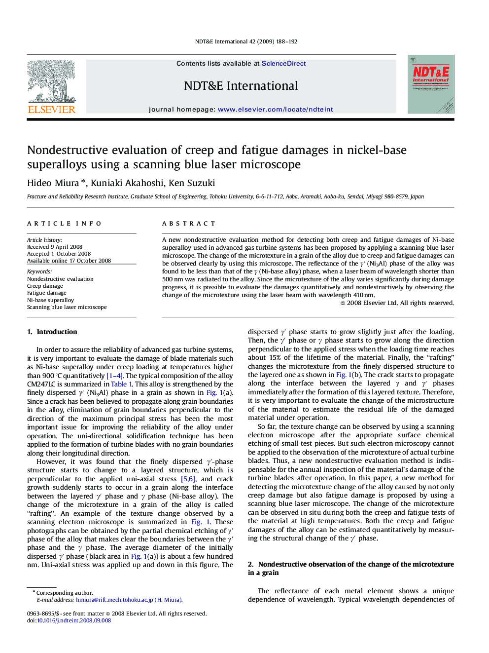 Nondestructive evaluation of creep and fatigue damages in nickel-base superalloys using a scanning blue laser microscope