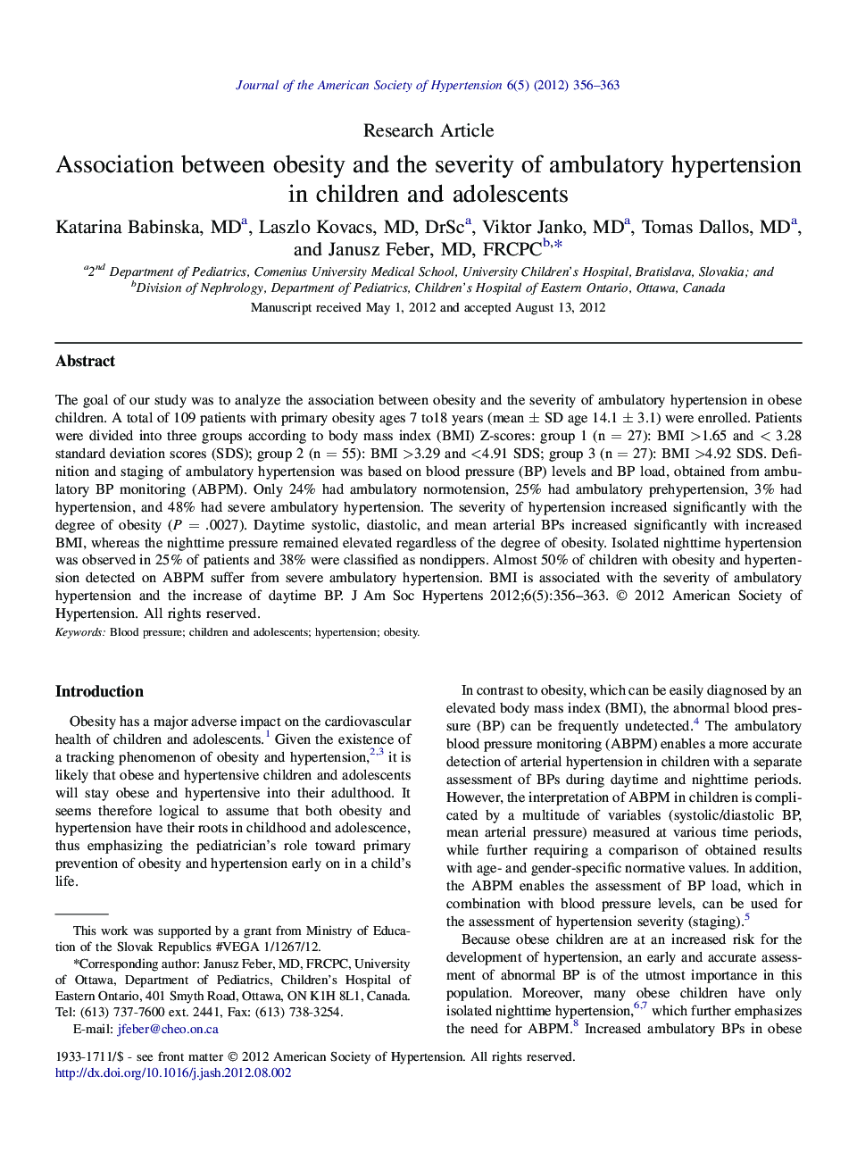 Association between obesity and the severity of ambulatory hypertension in children and adolescents 