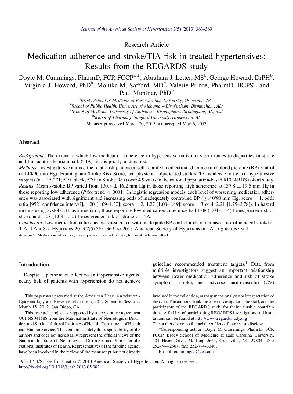 عکس صفحه اول مقاله: Medication adherence and stroke/TIA risk in treated hypertensives: Results from the REGARDS study Medication adherence and stroke/TIA risk in treated hypertensives: Results from the REGARDS study