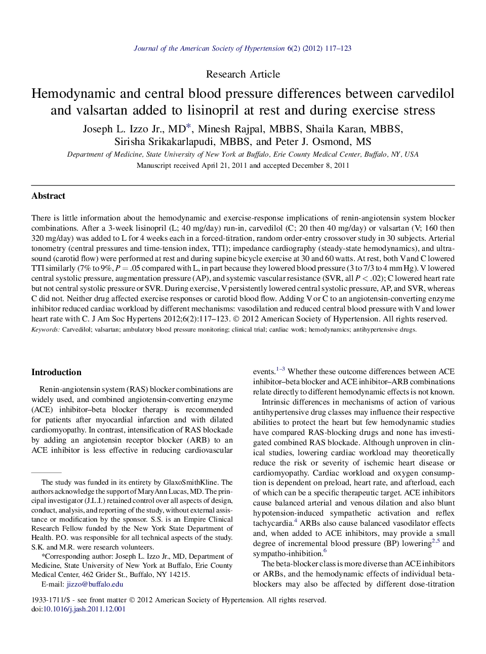 Hemodynamic and central blood pressure differences between carvedilol and valsartan added to lisinopril at rest and during exercise stress 