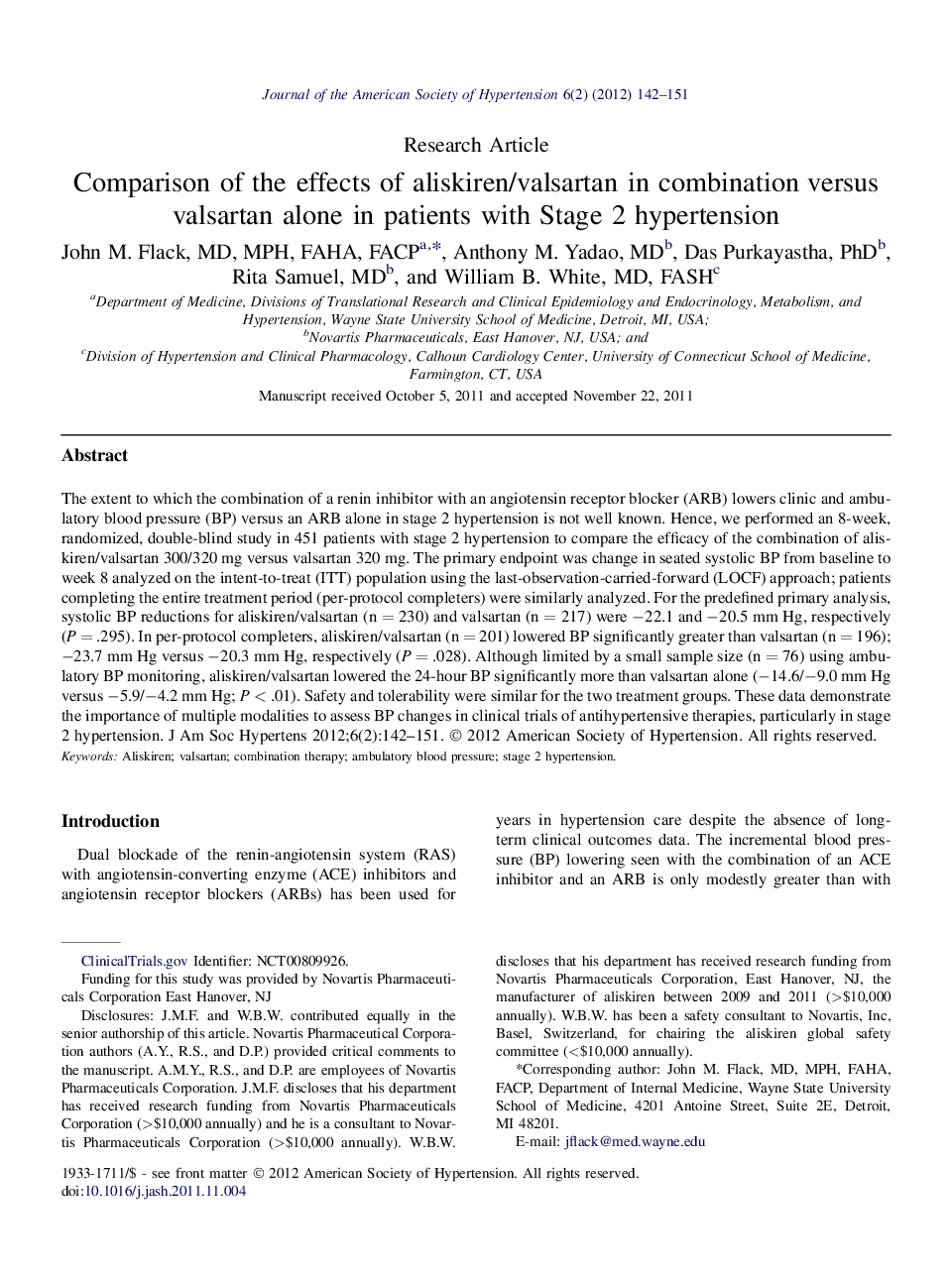 Comparison of the effects of aliskiren/valsartan in combination versus valsartan alone in patients with Stage 2 hypertension 