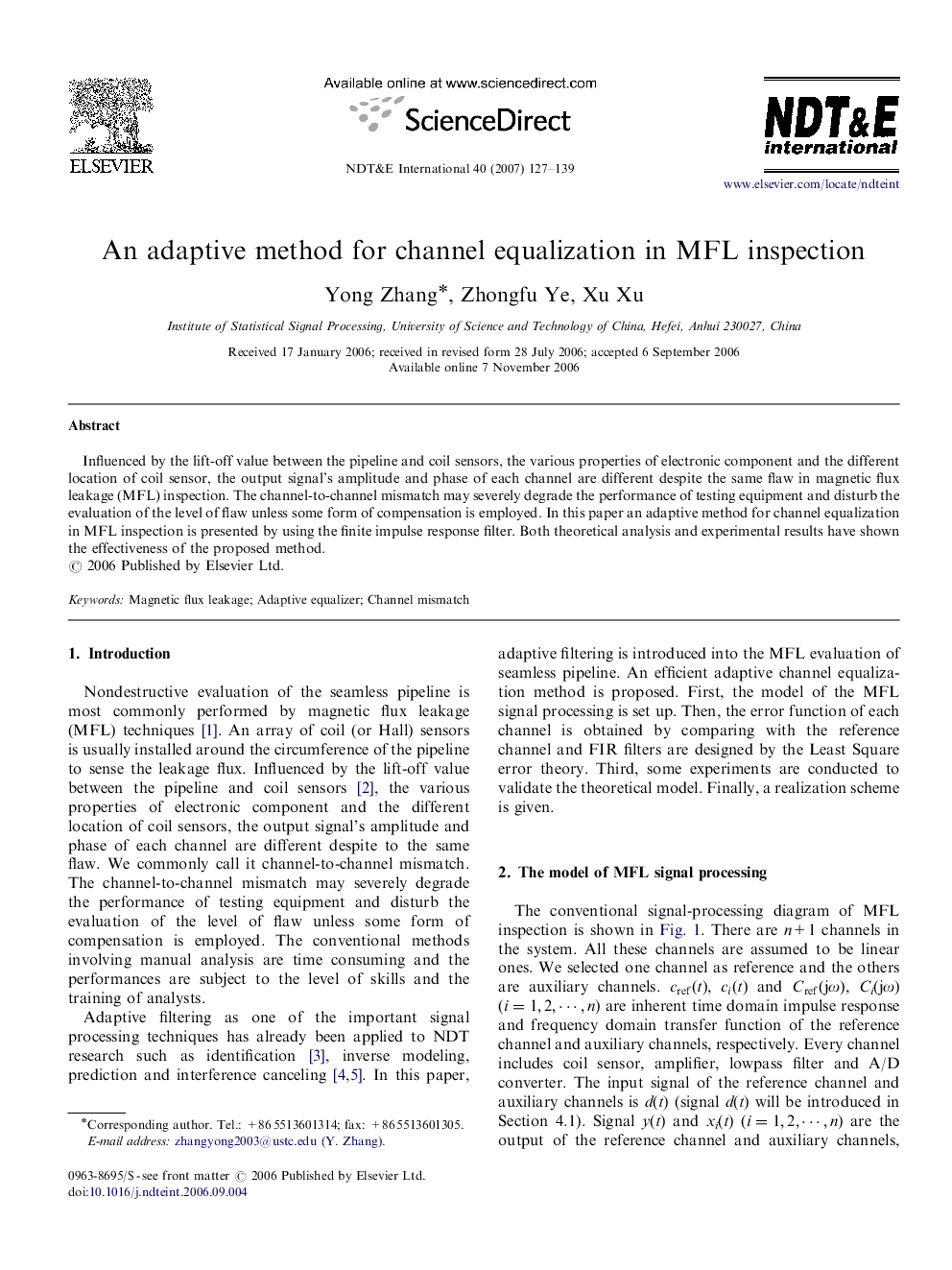 An adaptive method for channel equalization in MFL inspection
