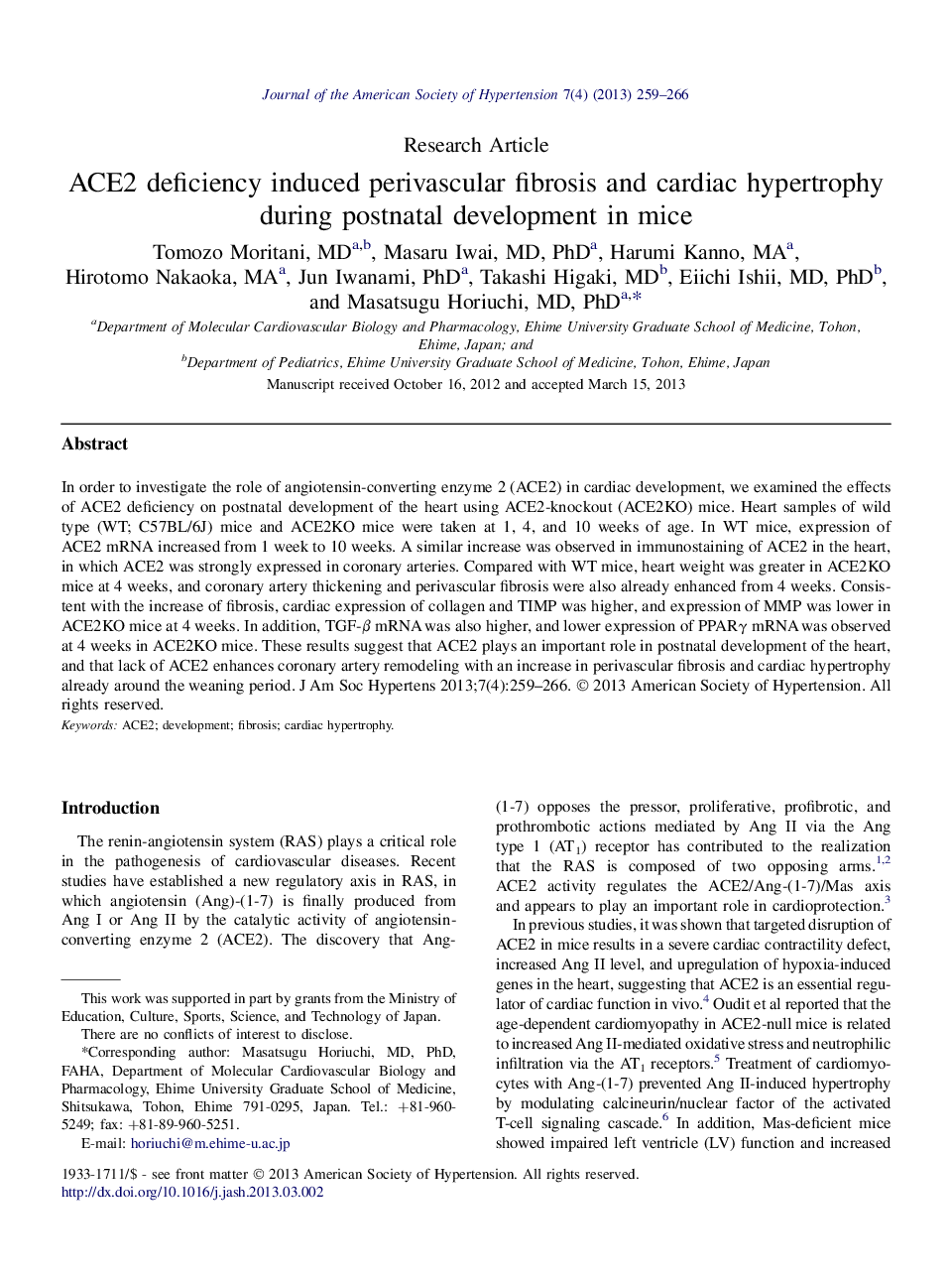 ACE2 deficiency induced perivascular fibrosis and cardiac hypertrophy during postnatal development in mice 