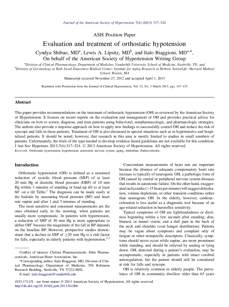 Evaluation and treatment of orthostatic hypotension 