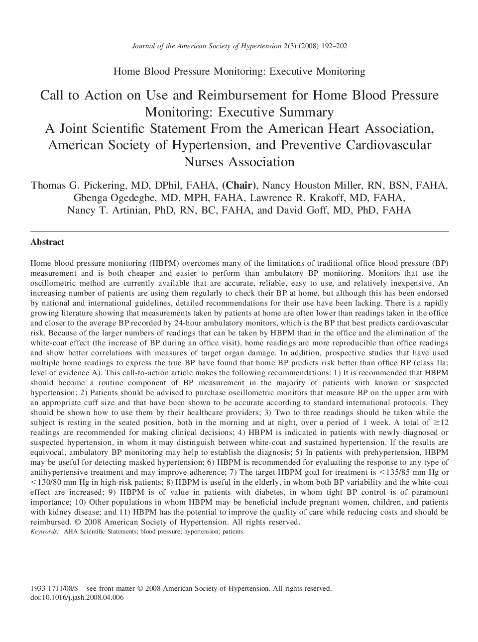 Call to Action on Use and Reimbursement for Home Blood Pressure Monitoring: Executive Summary : A Joint Scientific Statement From the American Heart Association, American Society of Hypertension, and Preventive Cardiovascular Nurses Association