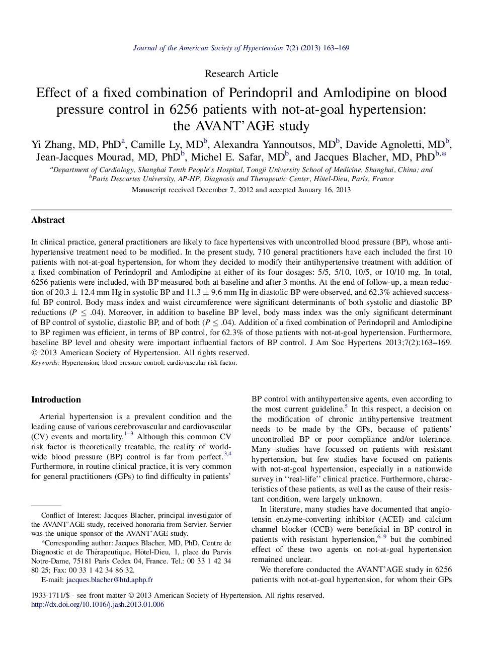 Effect of a fixed combination of Perindopril and Amlodipine on blood pressure control in 6256 patients with not-at-goal hypertension: the AVANT’AGE study 