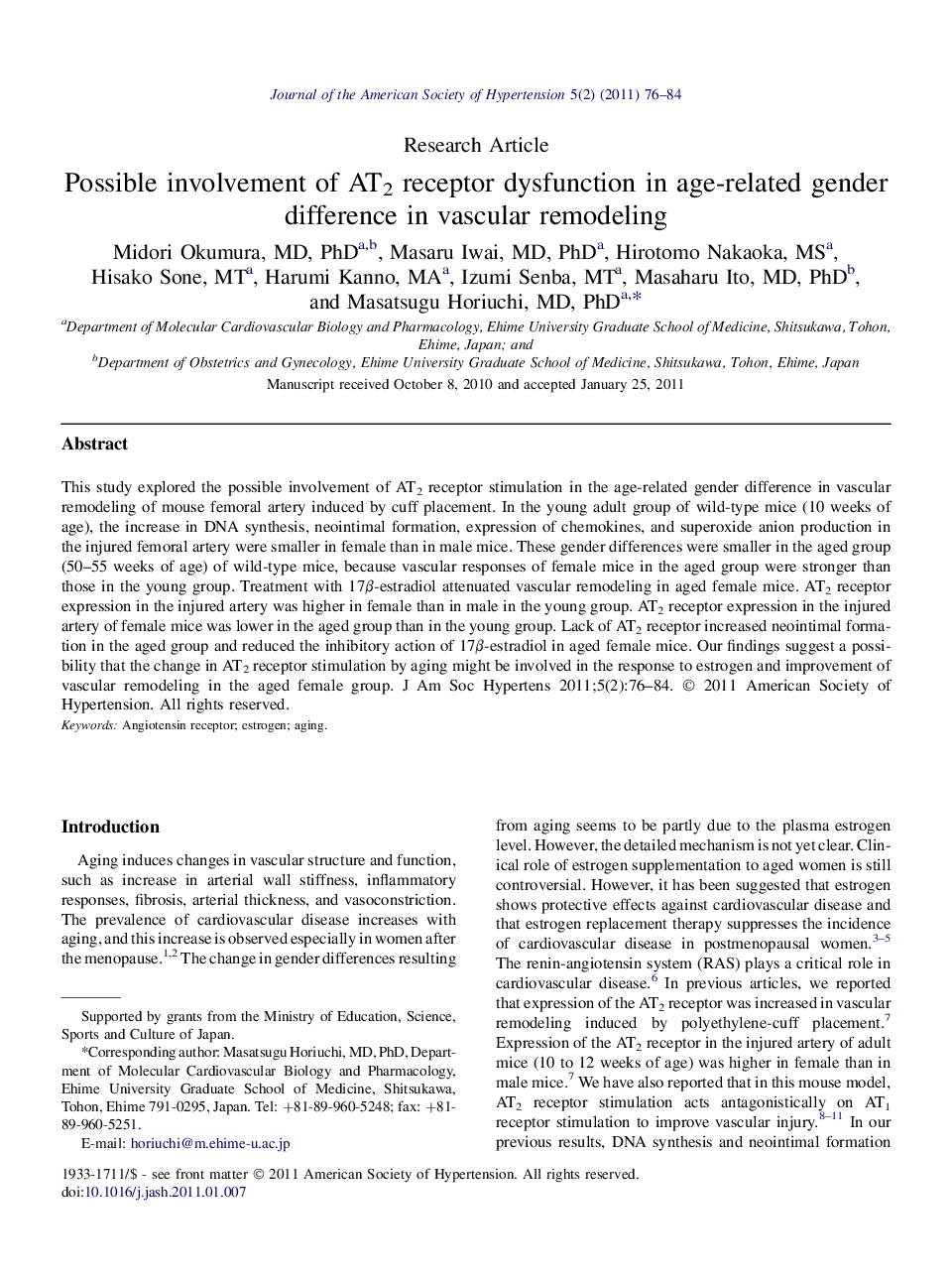 Possible involvement of AT2 receptor dysfunction in age-related gender difference in vascular remodeling 