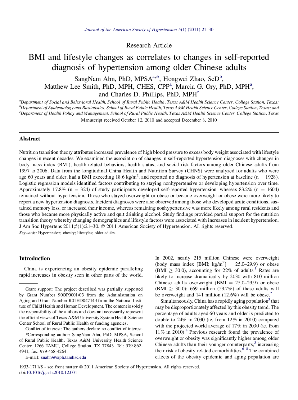 BMI and lifestyle changes as correlates to changes in self-reported diagnosis of hypertension among older Chinese adults 