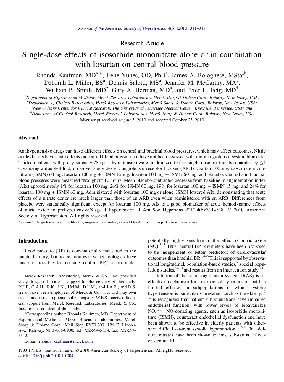 Single-dose effects of isosorbide mononitrate alone or in combination with losartan on central blood pressure 