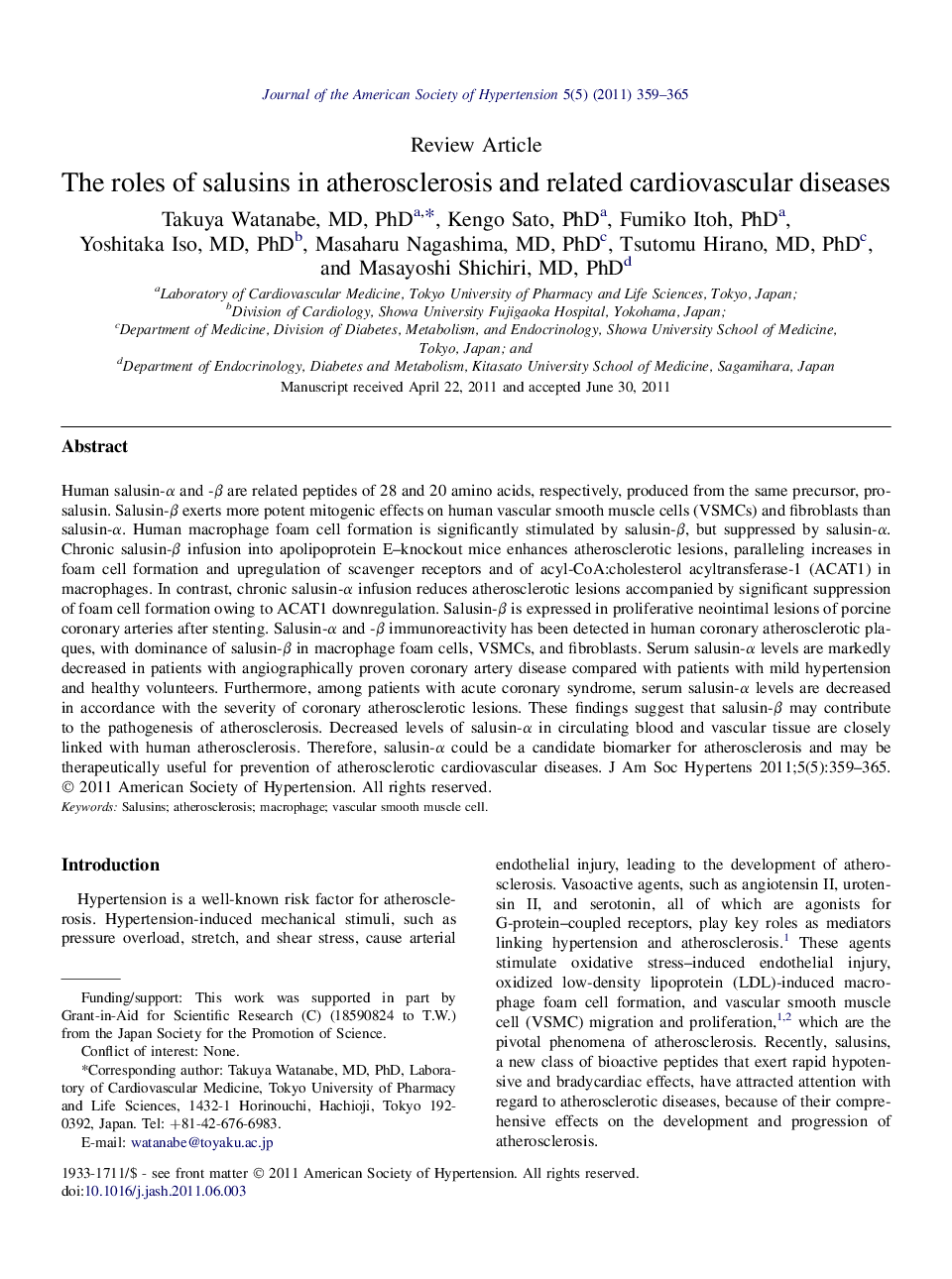 The roles of salusins in atherosclerosis and related cardiovascular diseases