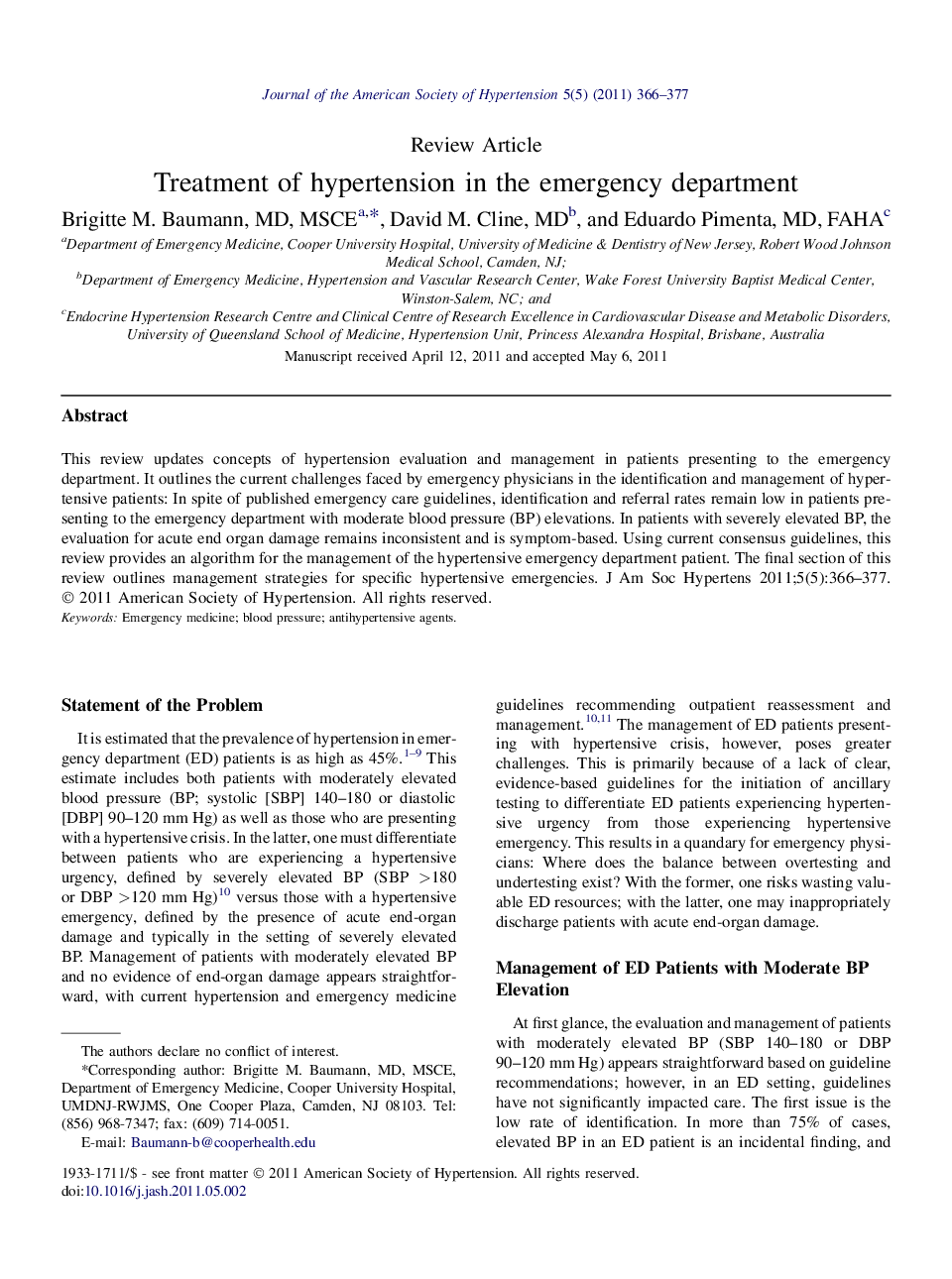 Treatment of hypertension in the emergency department 