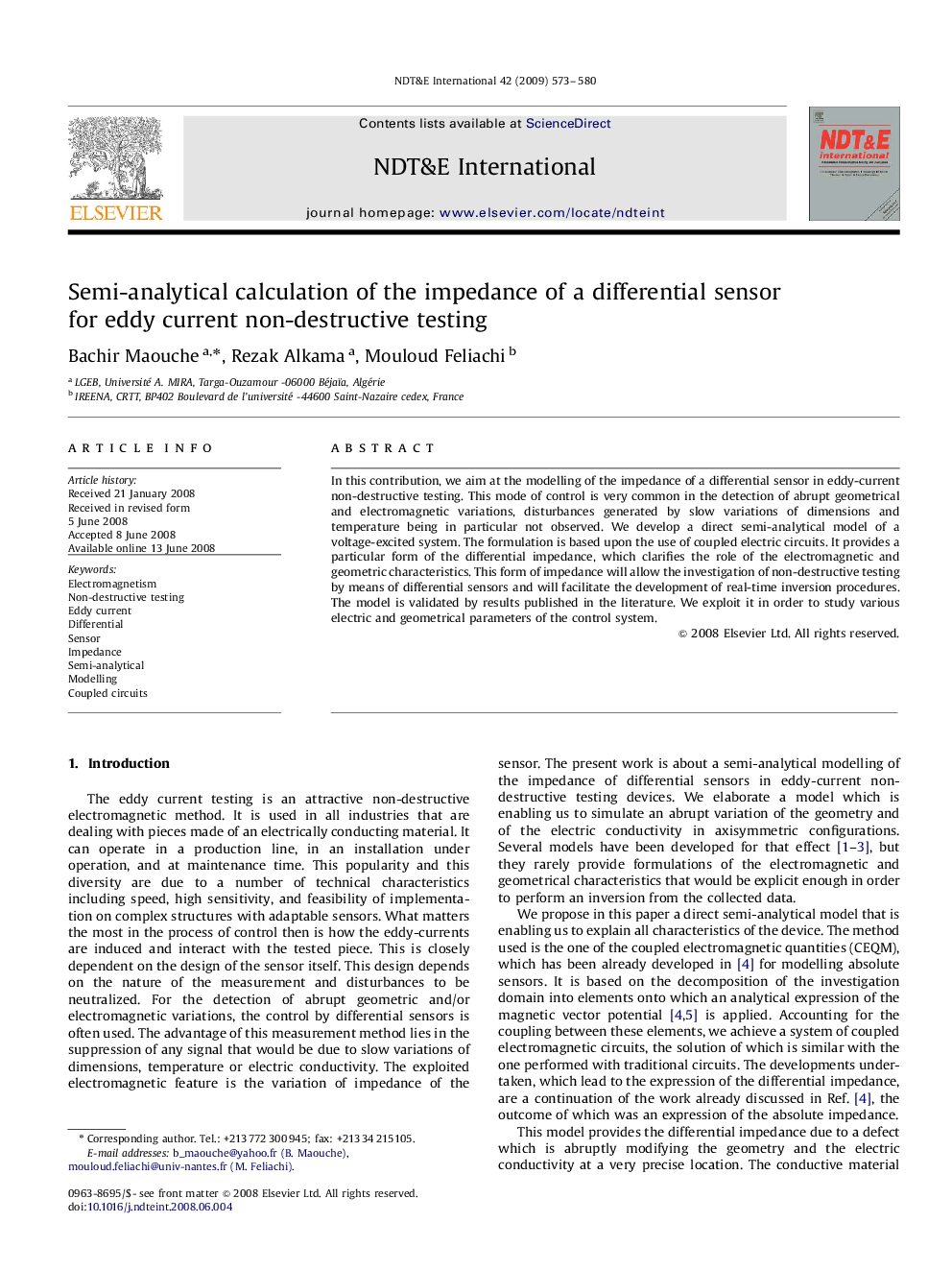 Semi-analytical calculation of the impedance of a differential sensor for eddy current non-destructive testing