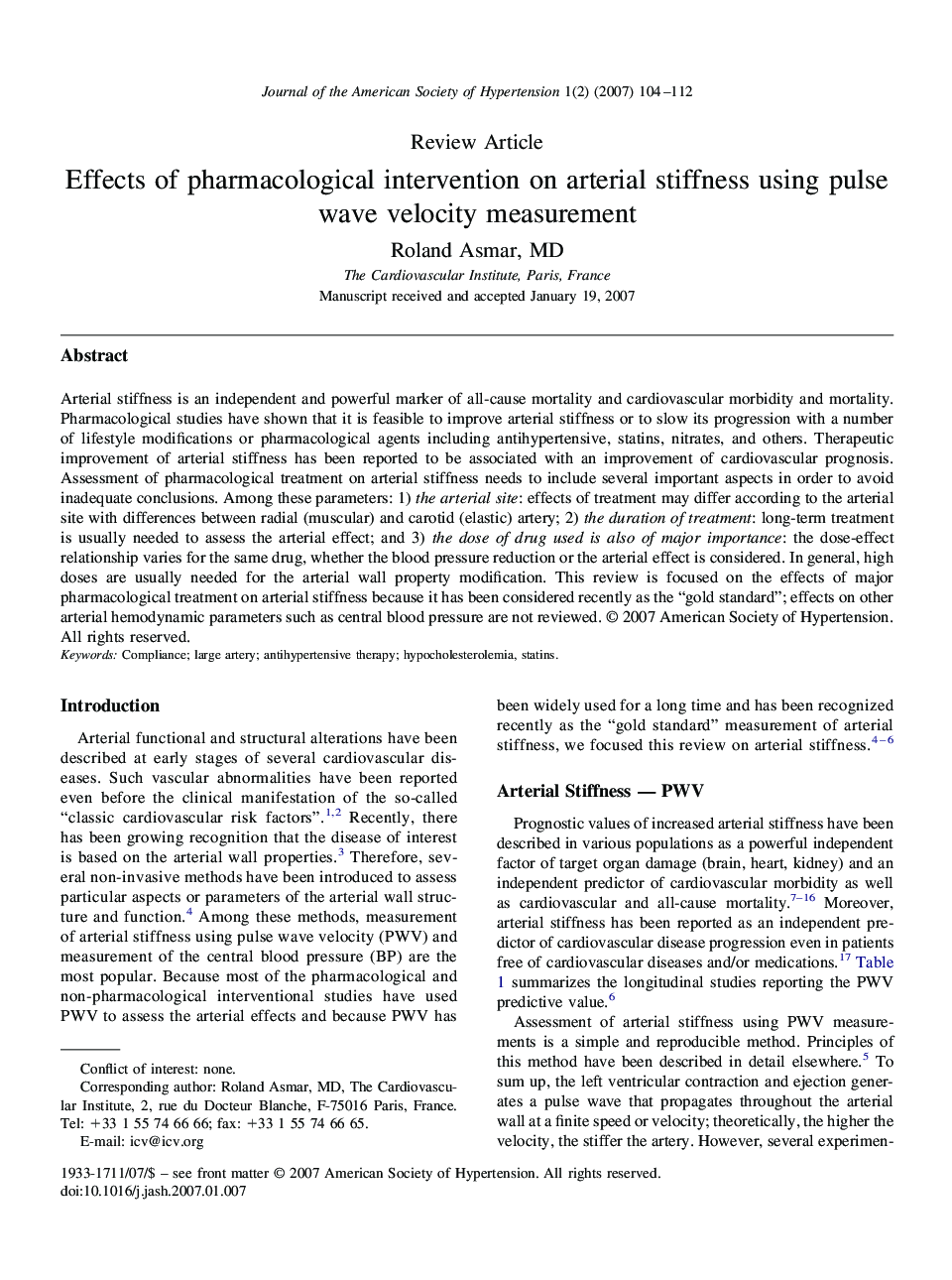 Effects of pharmacological intervention on arterial stiffness using pulse wave velocity measurement 