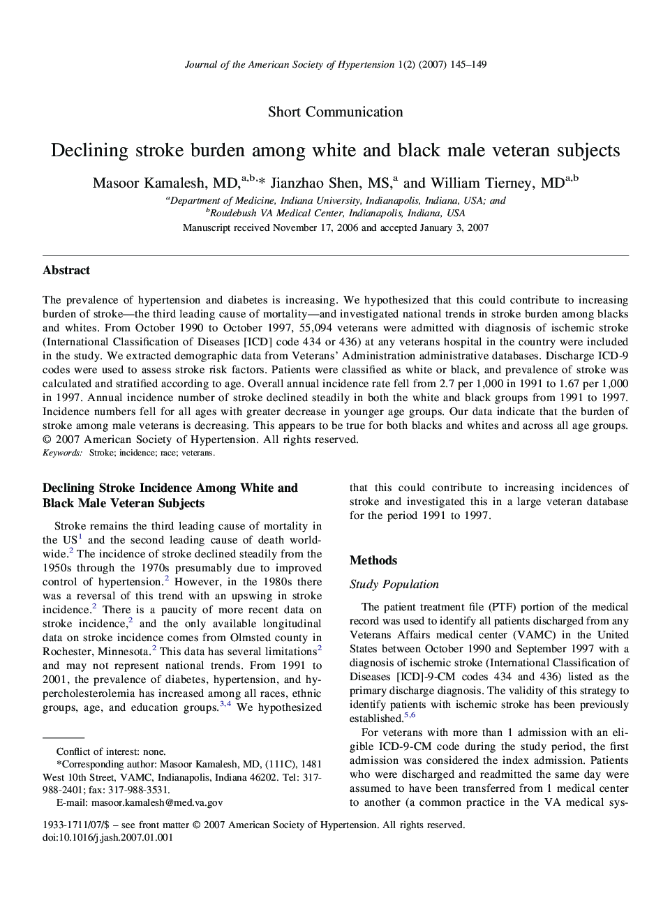 Declining stroke burden among white and black male veteran subjects 