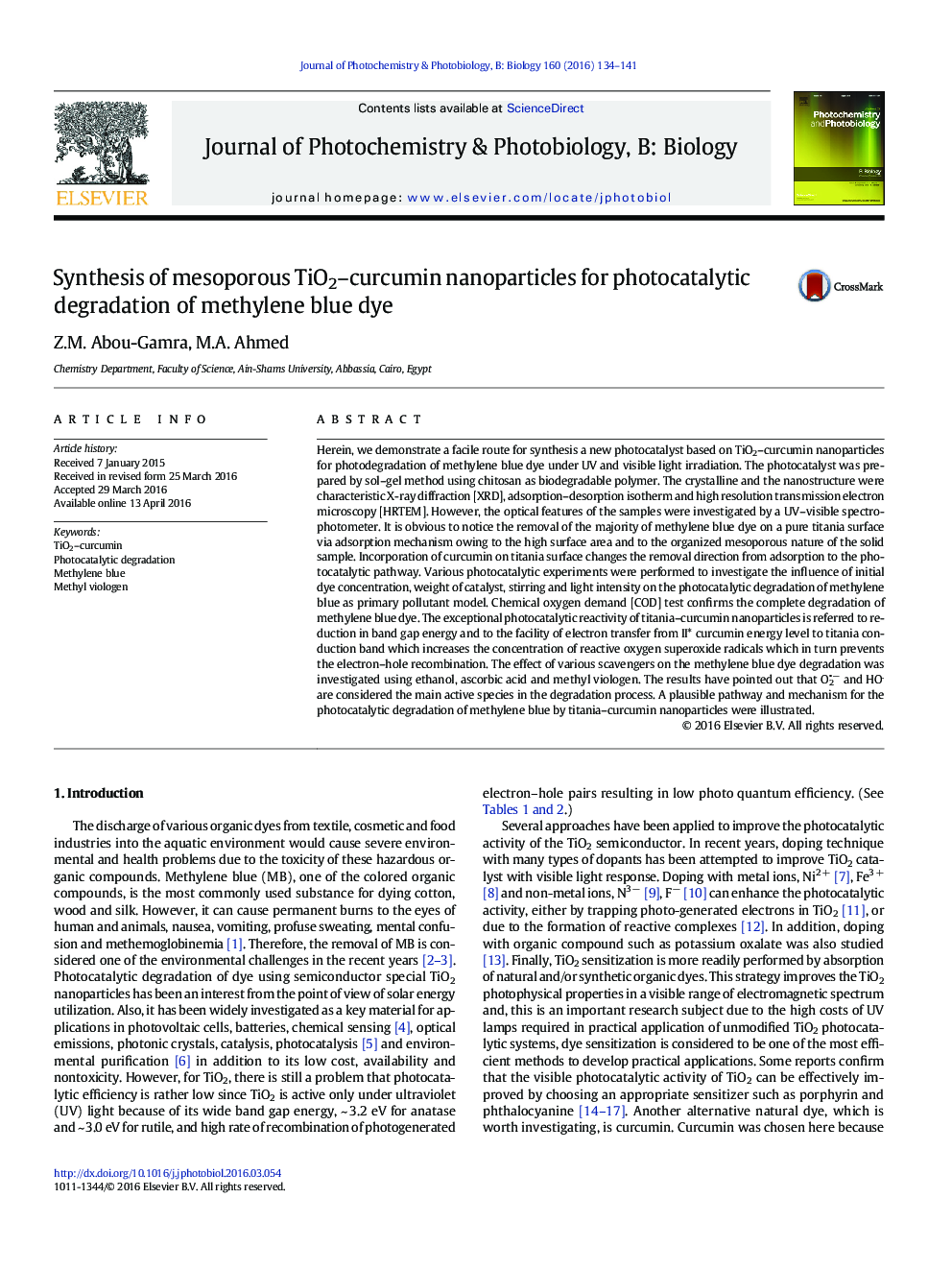 Synthesis of mesoporous TiO2–curcumin nanoparticles for photocatalytic degradation of methylene blue dye