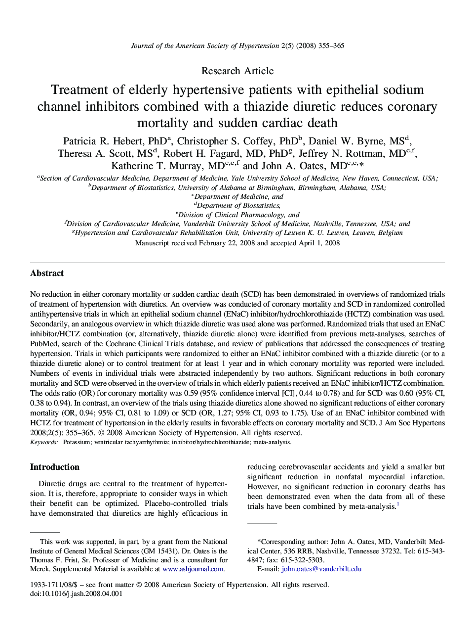 Treatment of elderly hypertensive patients with epithelial sodium channel inhibitors combined with a thiazide diuretic reduces coronary mortality and sudden cardiac death