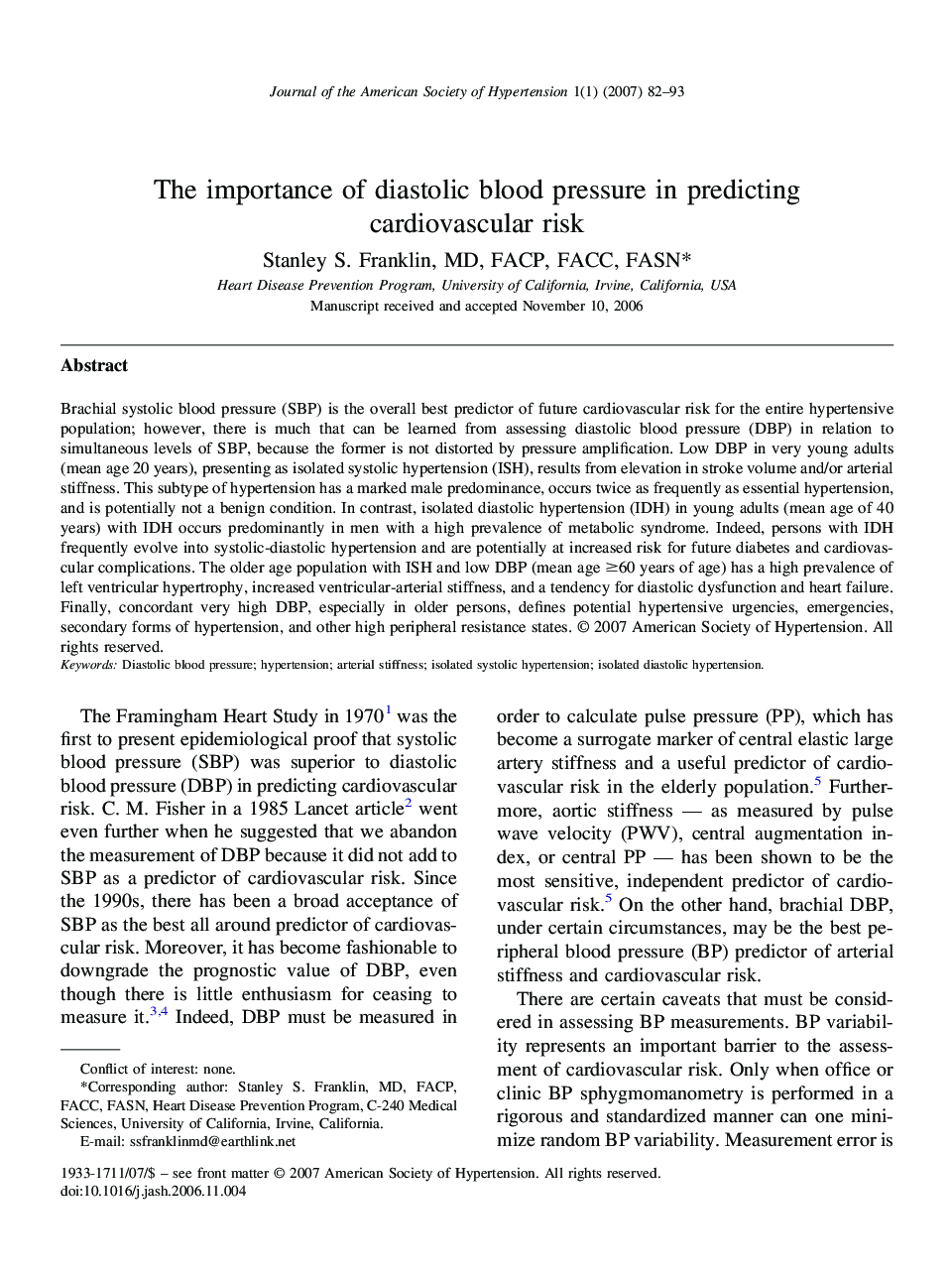 The importance of diastolic blood pressure in predicting cardiovascular risk 