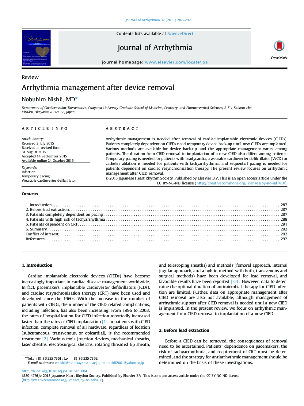 Arrhythmia management after device removal