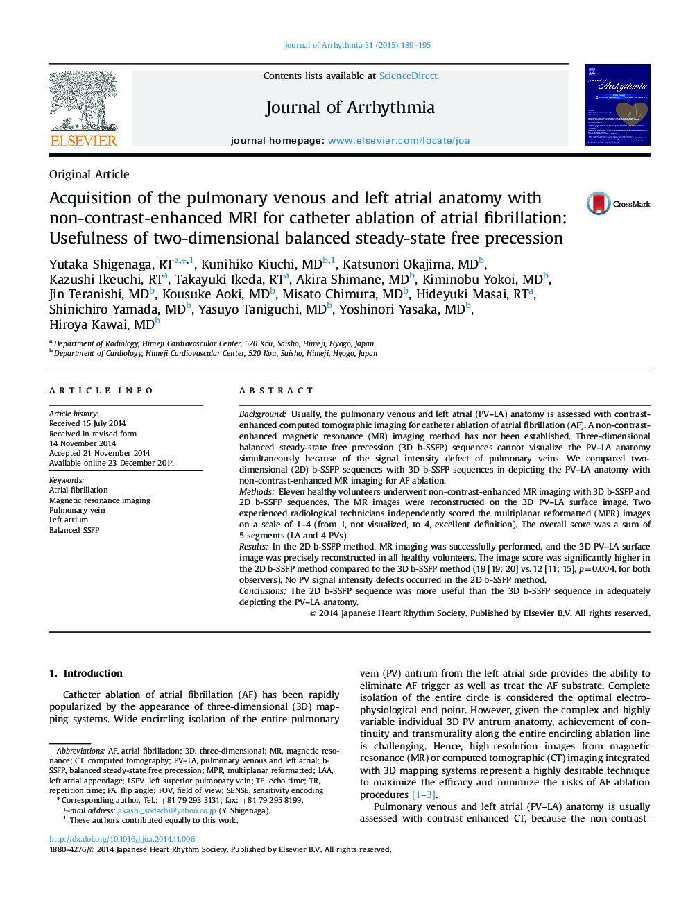 Acquisition of the pulmonary venous and left atrial anatomy with non-contrast-enhanced MRI for catheter ablation of atrial fibrillation: Usefulness of two-dimensional balanced steady-state free precession