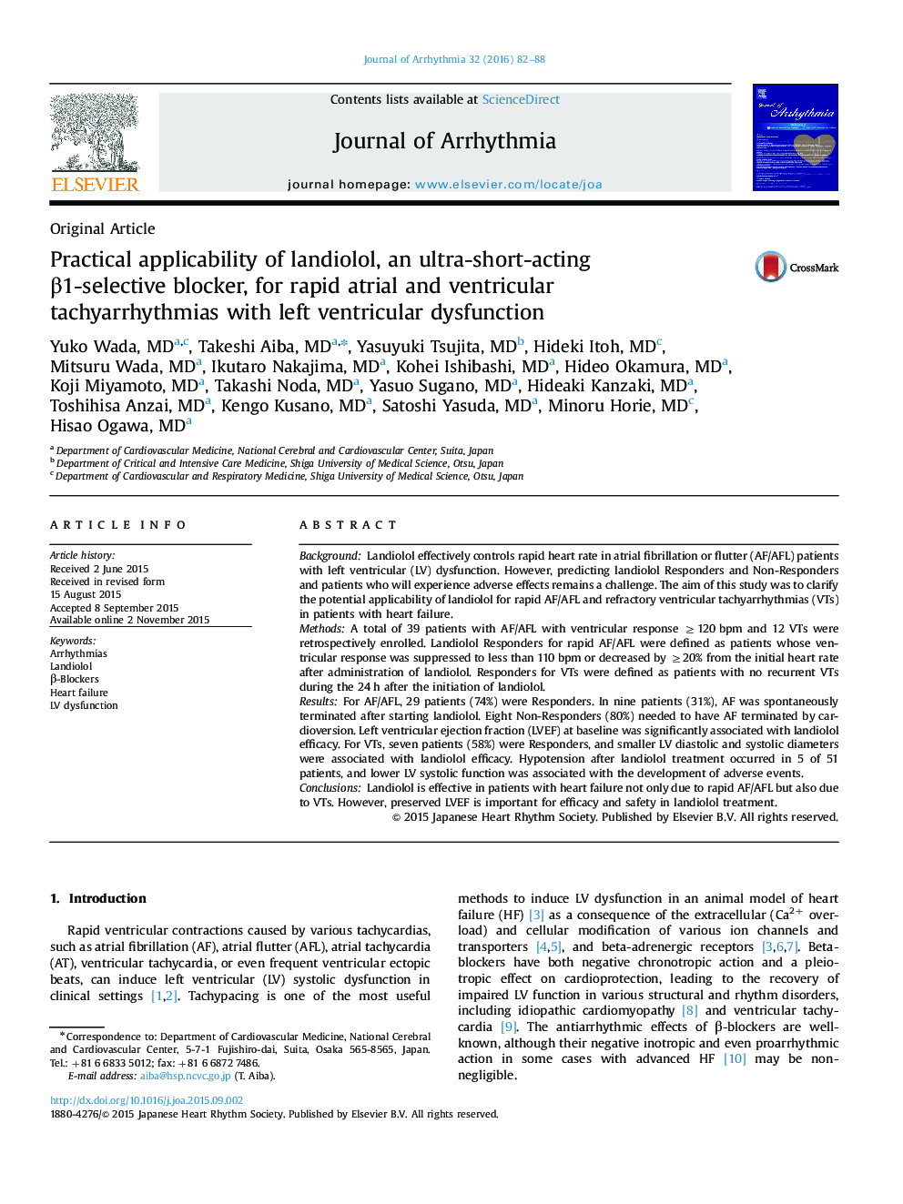 Practical applicability of landiolol, an ultra-short-acting β1-selective blocker, for rapid atrial and ventricular tachyarrhythmias with left ventricular dysfunction