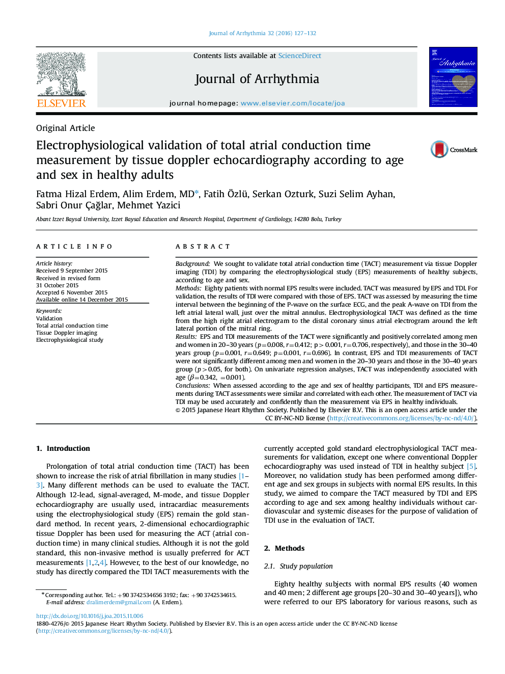 Electrophysiological validation of total atrial conduction time measurement by tissue doppler echocardiography according to age and sex in healthy adults