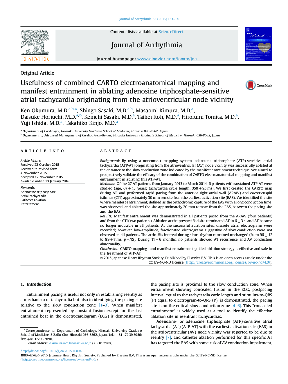 Usefulness of combined CARTO electroanatomical mapping and manifest entrainment in ablating adenosine triphosphate-sensitive atrial tachycardia originating from the atrioventricular node vicinity