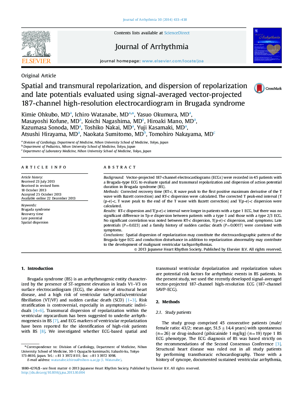 Spatial and transmural repolarization, and dispersion of repolarization and late potentials evaluated using signal-averaged vector-projected 187-channel high-resolution electrocardiogram in Brugada syndrome