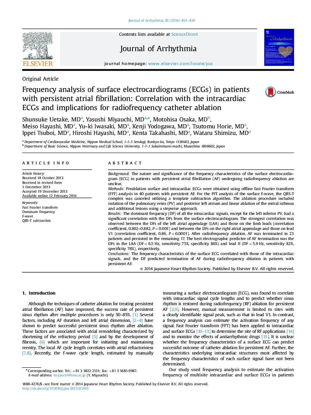 Frequency analysis of surface electrocardiograms (ECGs) in patients with persistent atrial fibrillation: Correlation with the intracardiac ECGs and implications for radiofrequency catheter ablation