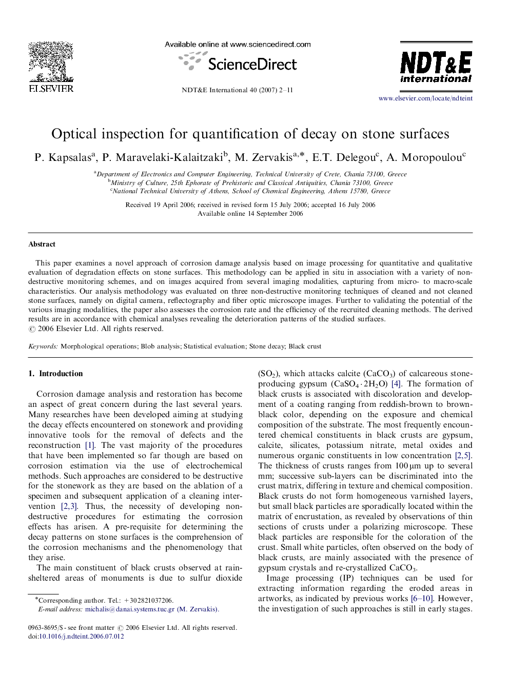 Optical inspection for quantification of decay on stone surfaces