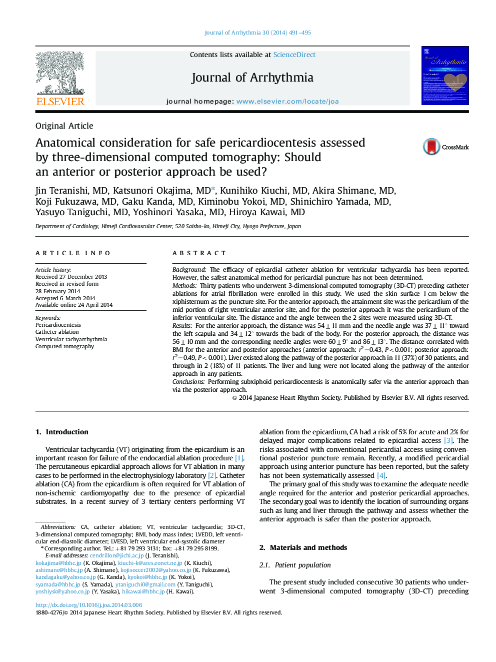 Anatomical consideration for safe pericardiocentesis assessed by three-dimensional computed tomography: Should an anterior or posterior approach be used?