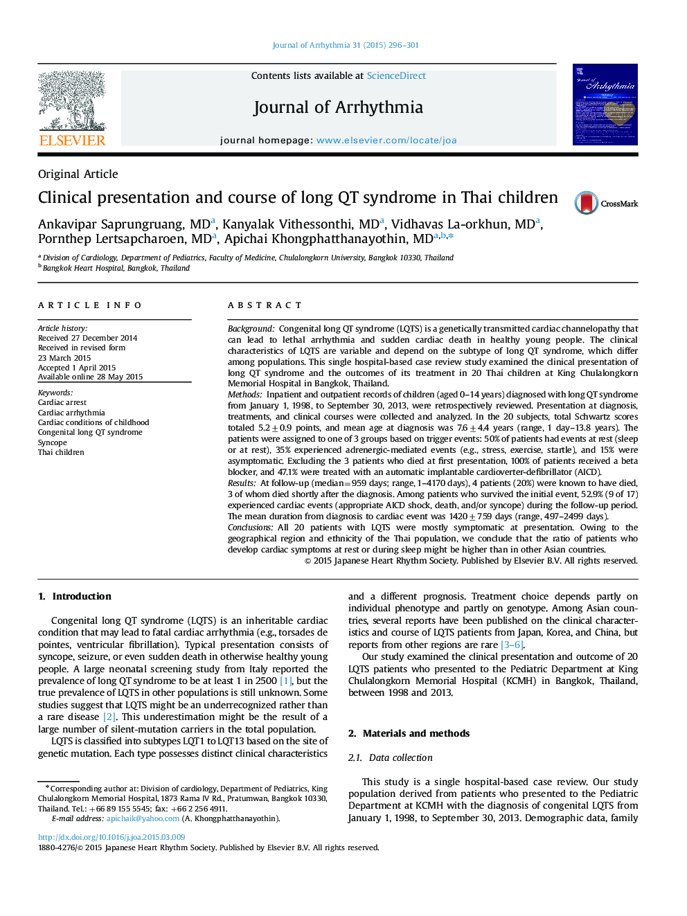 Clinical presentation and course of long QT syndrome in Thai children