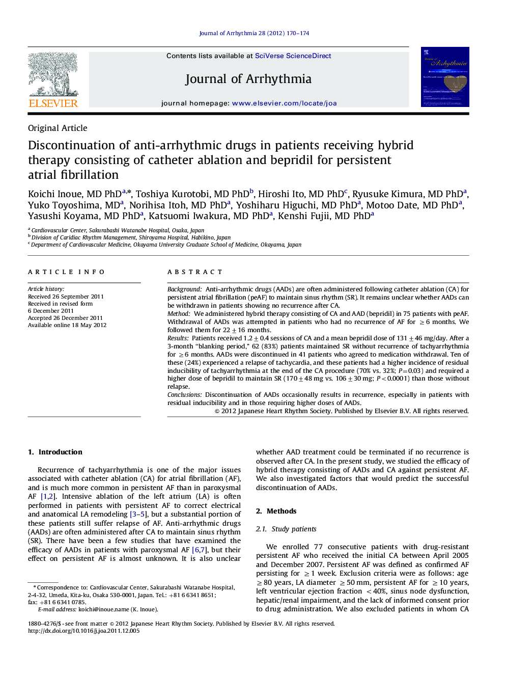 Discontinuation of anti-arrhythmic drugs in patients receiving hybrid therapy consisting of catheter ablation and bepridil for persistent atrial fibrillation