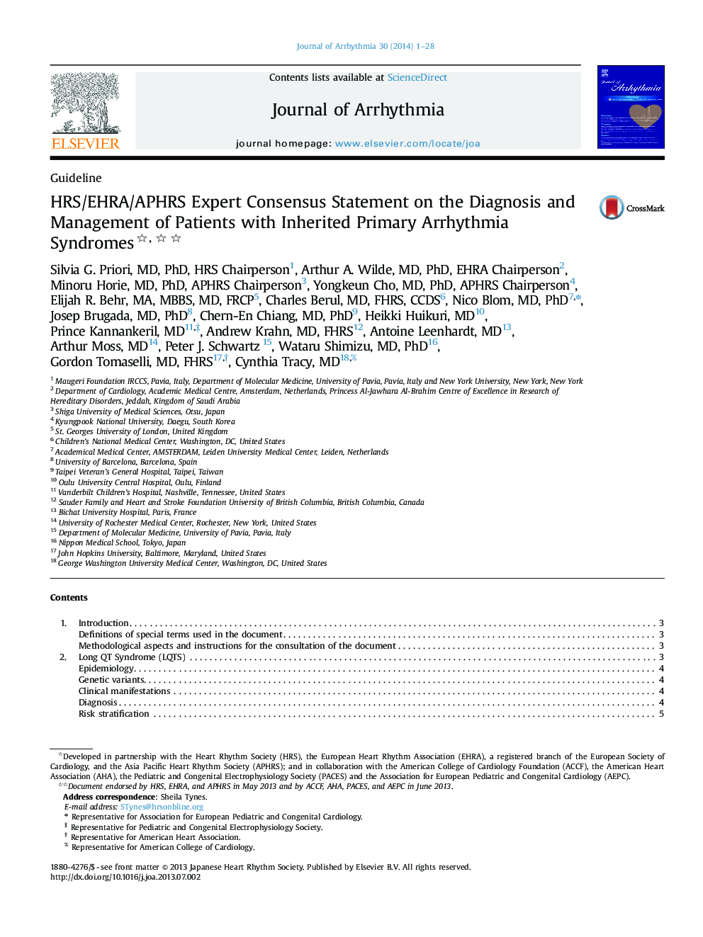 HRS/EHRA/APHRS Expert Consensus Statement on the Diagnosis and Management of Patients with Inherited Primary Arrhythmia Syndromes