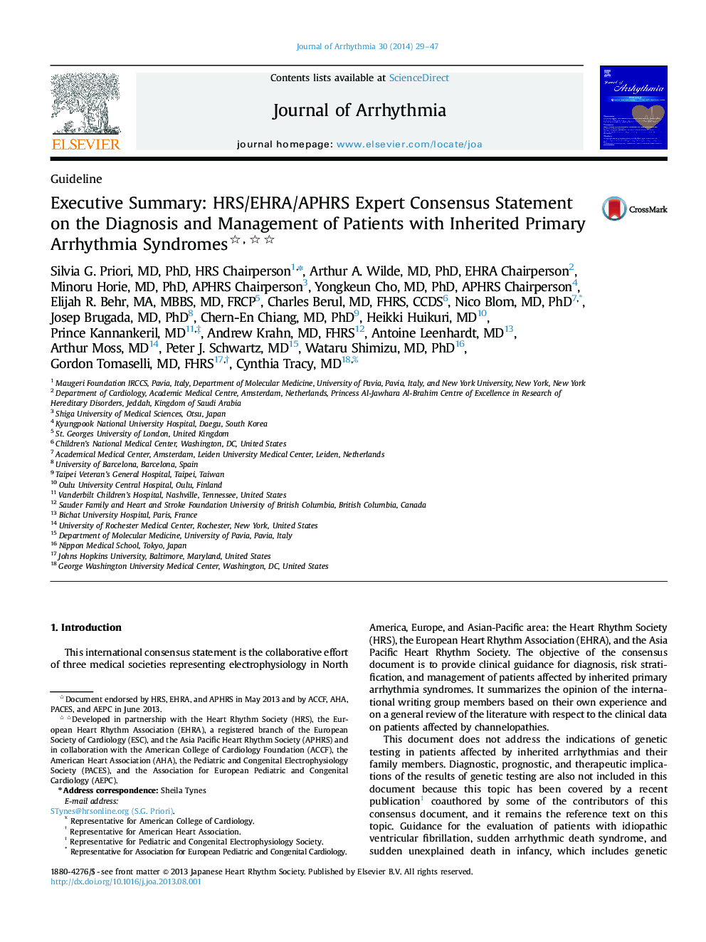 Executive Summary: HRS/EHRA/APHRS Expert Consensus Statement on the Diagnosis and Management of Patients with Inherited Primary Arrhythmia Syndromes