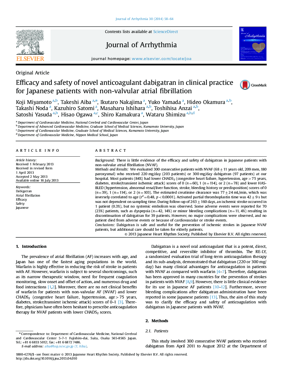 Efficacy and safety of novel anticoagulant dabigatran in clinical practice for Japanese patients with non-valvular atrial fibrillation