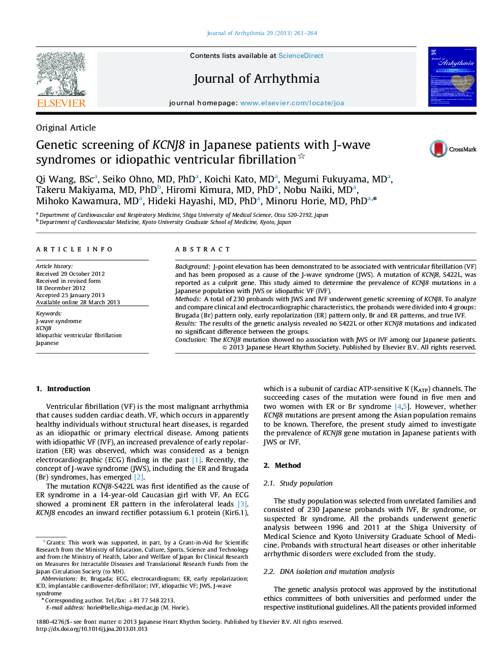 Genetic screening of KCNJ8 in Japanese patients with J-wave syndromes or idiopathic ventricular fibrillation 