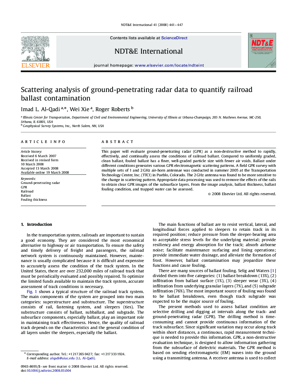 Scattering analysis of ground-penetrating radar data to quantify railroad ballast contamination