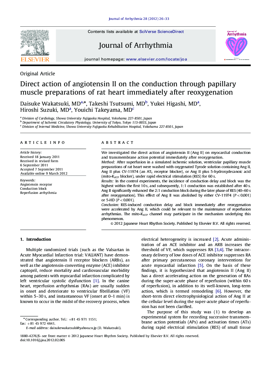 Direct action of angiotensin II on the conduction through papillary muscle preparations of rat heart immediately after reoxygenation